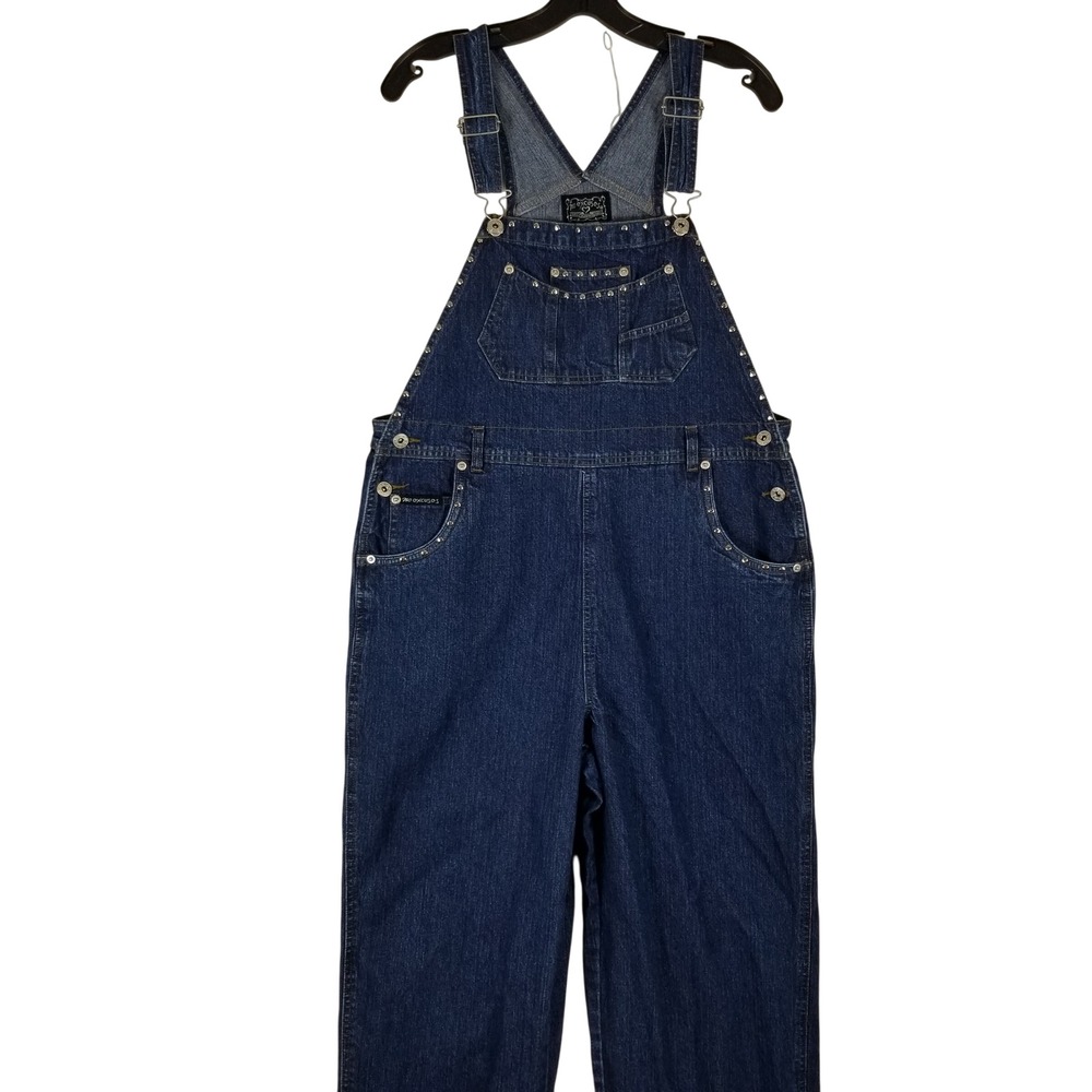 No Excuses Womens Denim Overalls Dark Wash Studded Bib Straight‎ Leg Size L